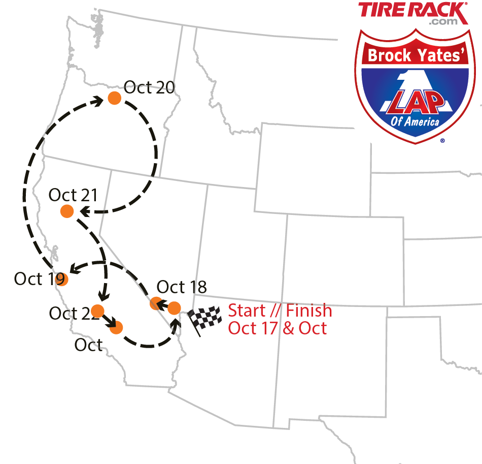 Map showing the 2026 One Lap of America West Coast route with start and finish in Nevada and stops throughout California, Oregon and Washington from October 17–22.