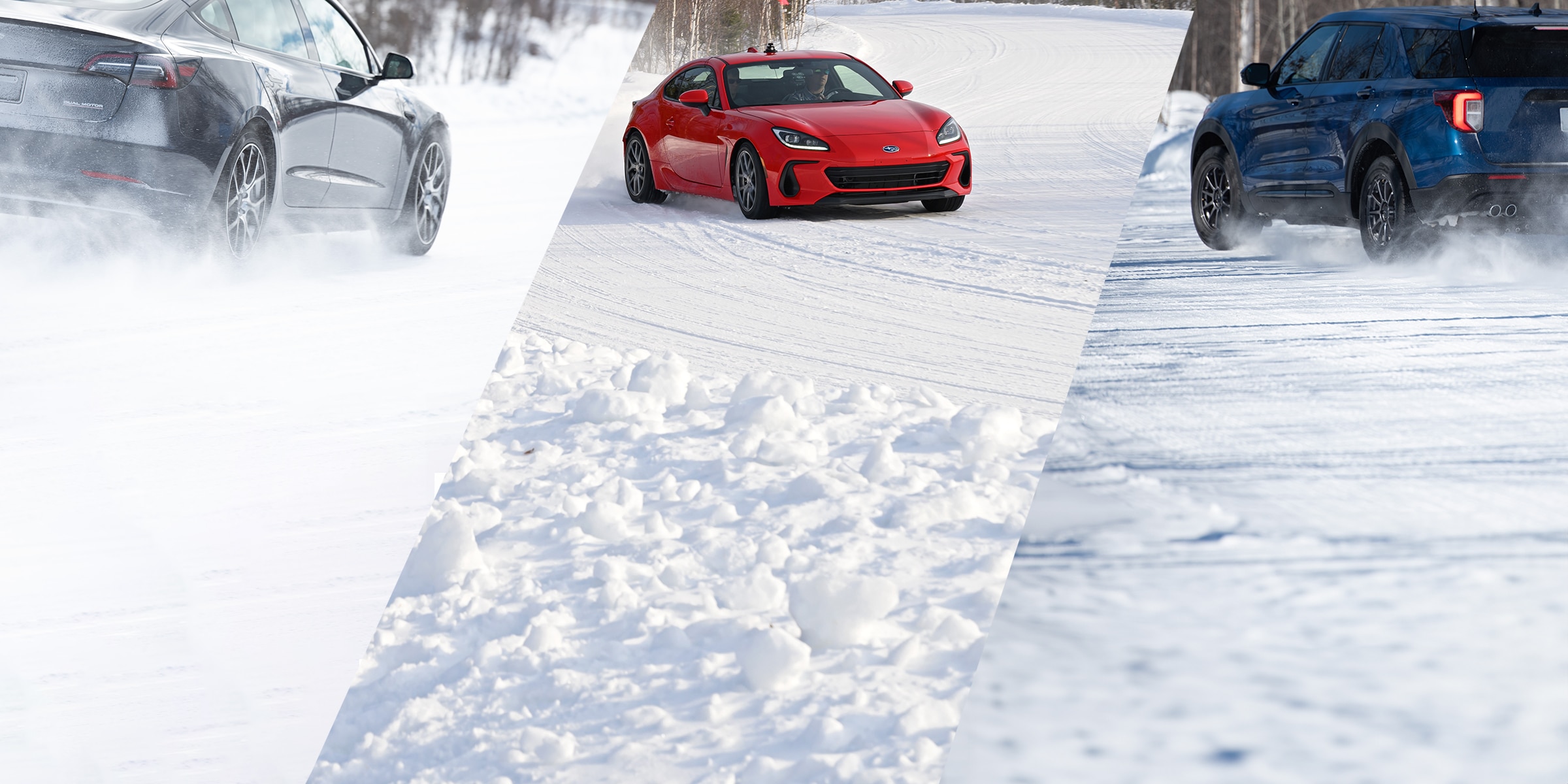 Collage of 3 vehicles in winter tire tests: SUV navigating snowy road, red and black sedan on icy track.