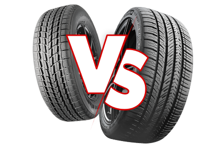 Tires positioned for comparison with 'VS' in front