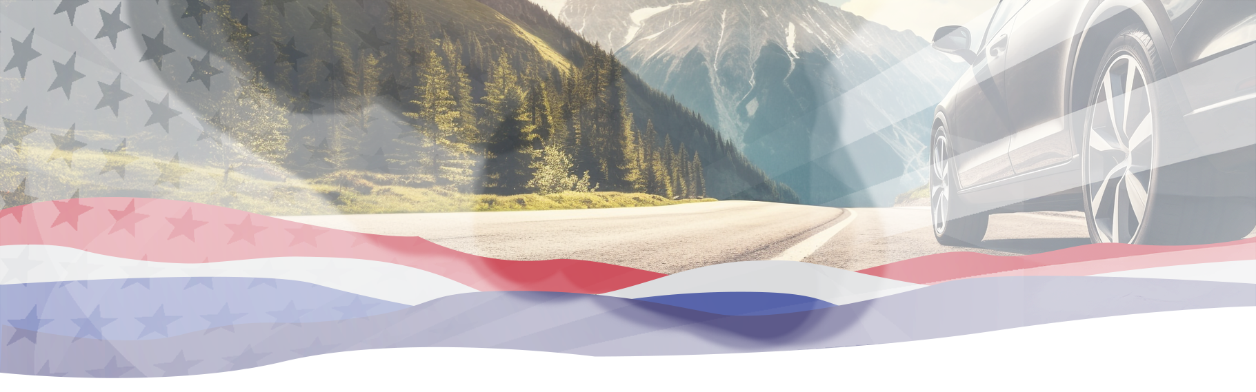 Car driving on a scenic mountain road with an American flag overlay, promoting Memorial Day tire deals 2025