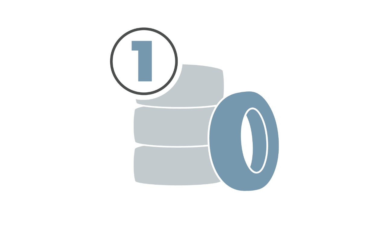 Step 1: Find the right tires—illustration of stacked tires with a number one icon.