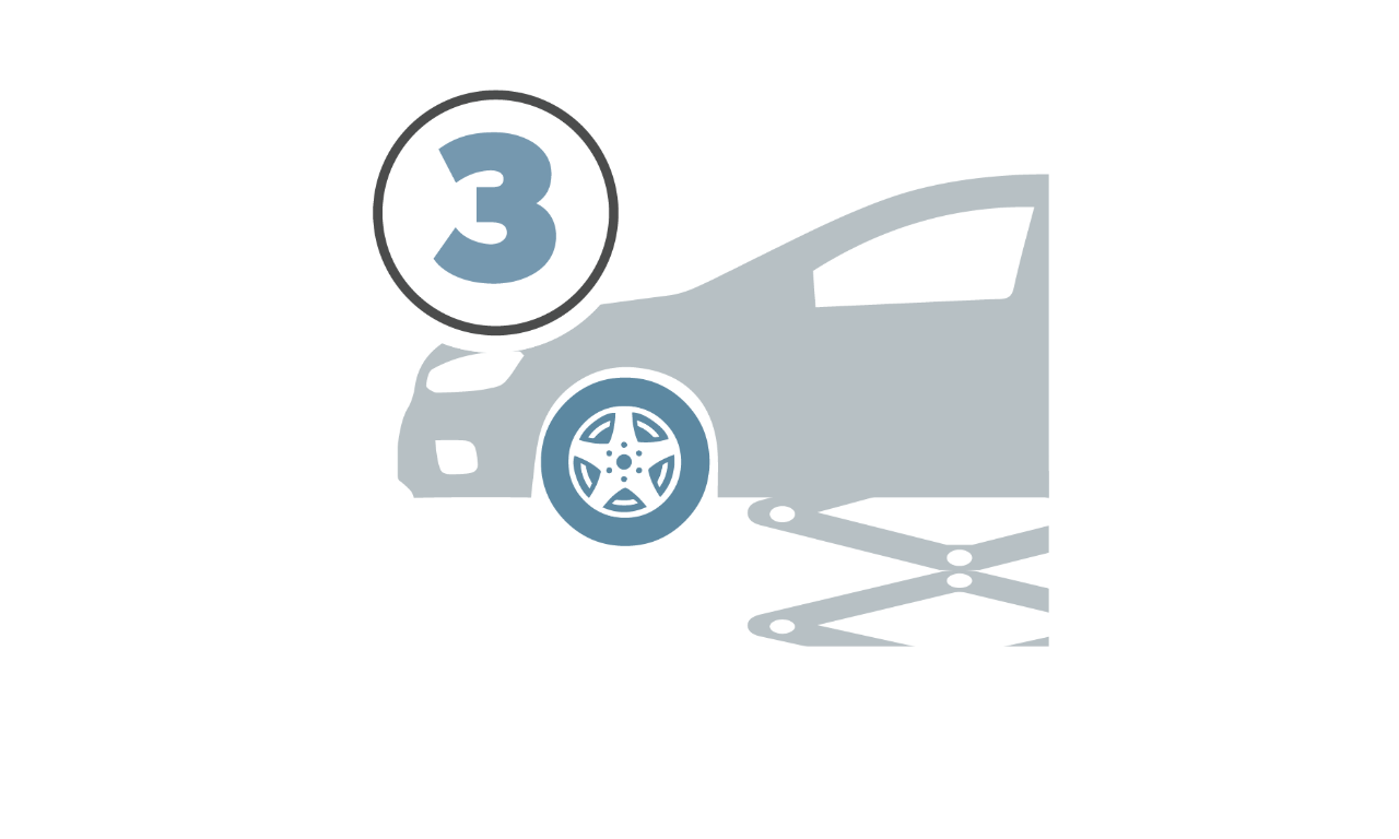 Step 3: Install—tire being mounted on a car, representing installation, with a number three icon
