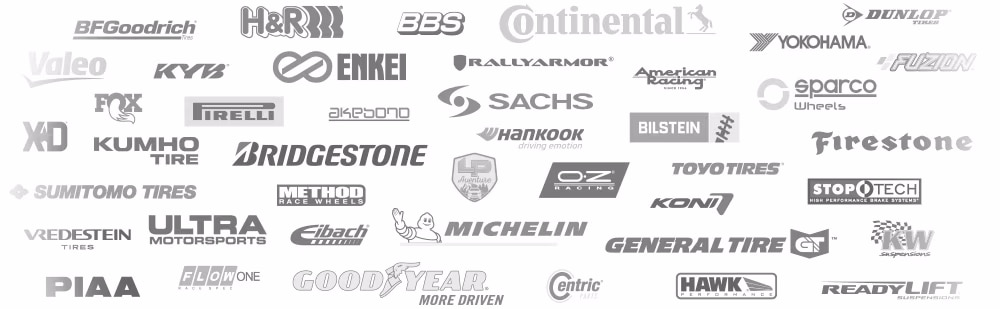 Logo collage of top automotive brands we carry, showcasing the best of the best in tires, wheels, and performance parts.
