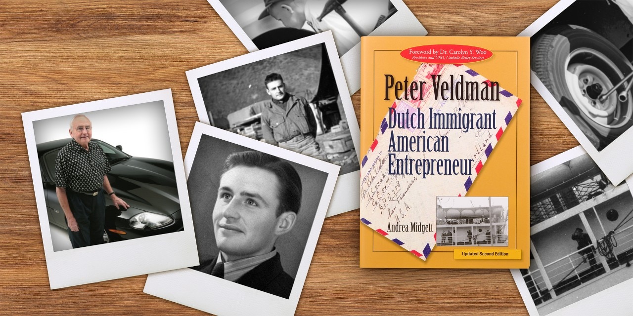 Polaroid-style photos on a wood table honoring the life and legacy of Peter Veldman, featured in “Peter Veldman: Dutch Immigrant, American Entrepreneur (Second Edition)" book.