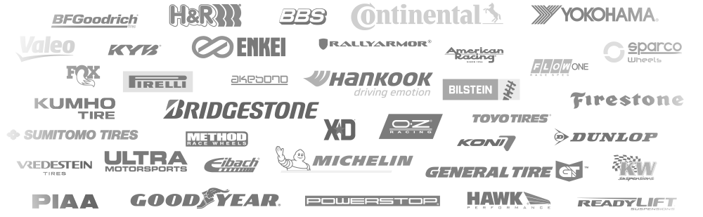 Collage of some of the best auto product brands including: BFGoodrich, H&R, BBS, Continental, Yokohama, Valeo, KYB, Enkei, RallyArmor, American Racing, FlowOne, Sparco Wheels, Fox, Pirelli, Akebono, Hankook, Bilstein, Firestone, Kumho Tire, Bridgestone, CD, OZ Racing, Toyo Tires, Dunlop, Vredstein Tires, Ultra Motorsports, Eibach, Michelin, General Tire, KW Suspensions, Piaa, Goodyear, Powestop, Hawk Performance and ReadyLift Suspensions.