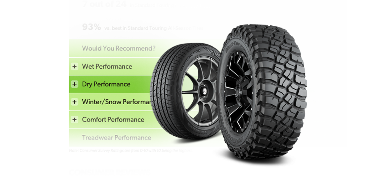 Two tires shown next to a performance breakdown graphic, highlighting wet, dry, winter, comfort, and tread ratings—part of our Tire Ratings Charts & Reviews.