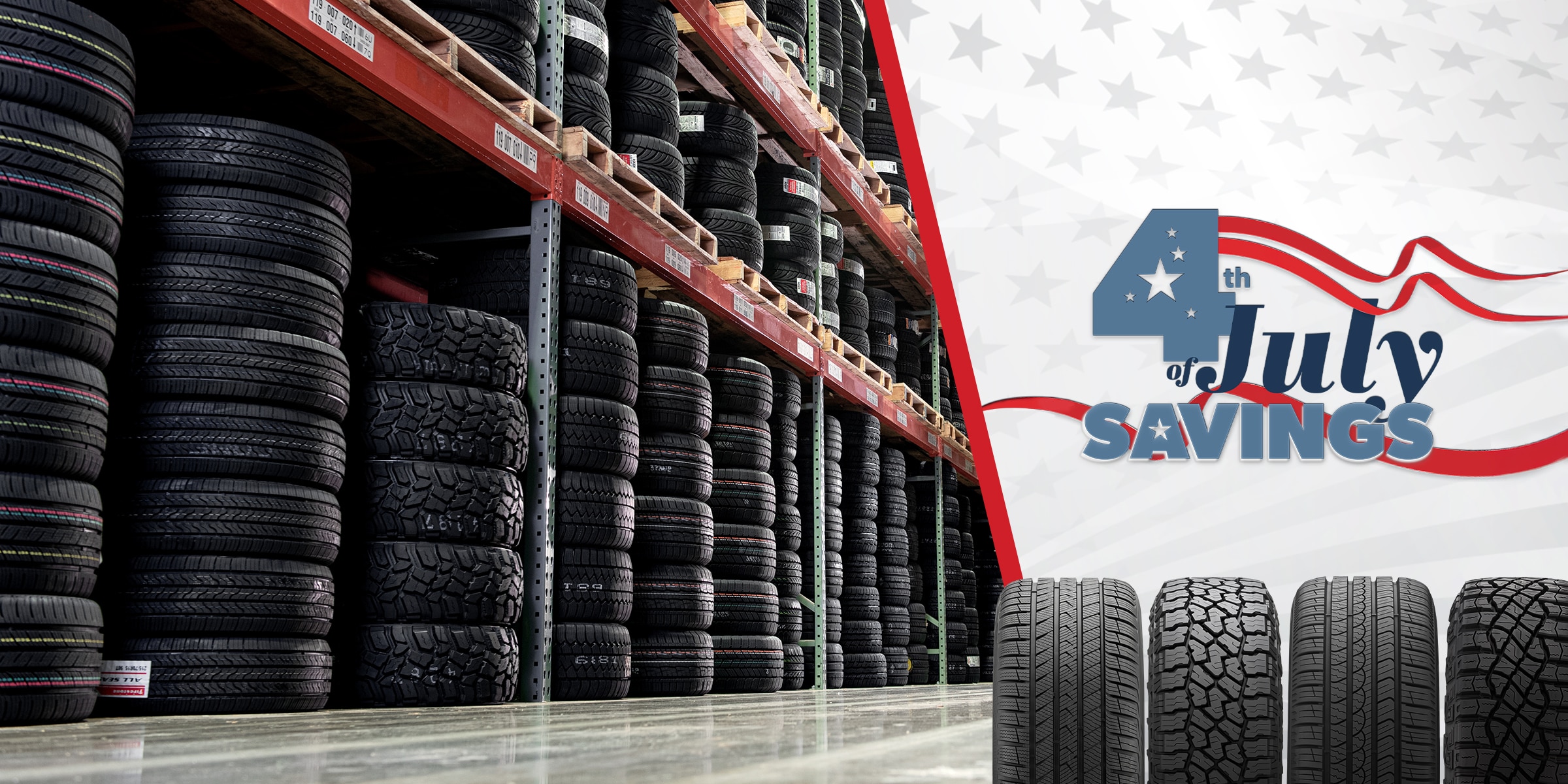 Fourth of July Savings promotional graphic featuring a Tire Rack warehouse stocked with tires and four featured tires: Pirelli P7 AS Plus 3, Goodyear Wrangler Territory MT, Vredestein Quatrac Pro+ and Falken WildPeak A/T4W.