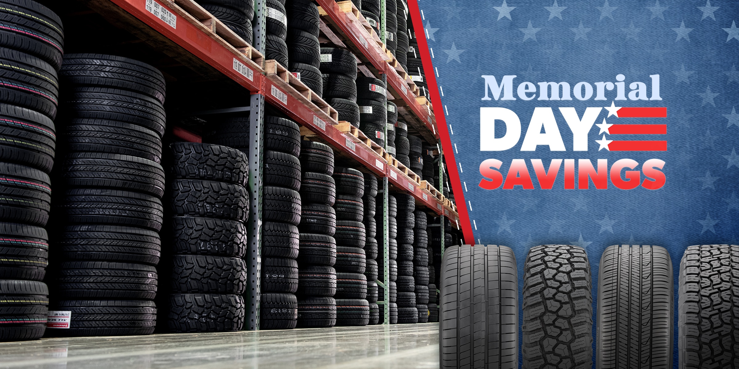 Tire warehouse Memorial Day hero image promoting seasonal tire savings and inventory.