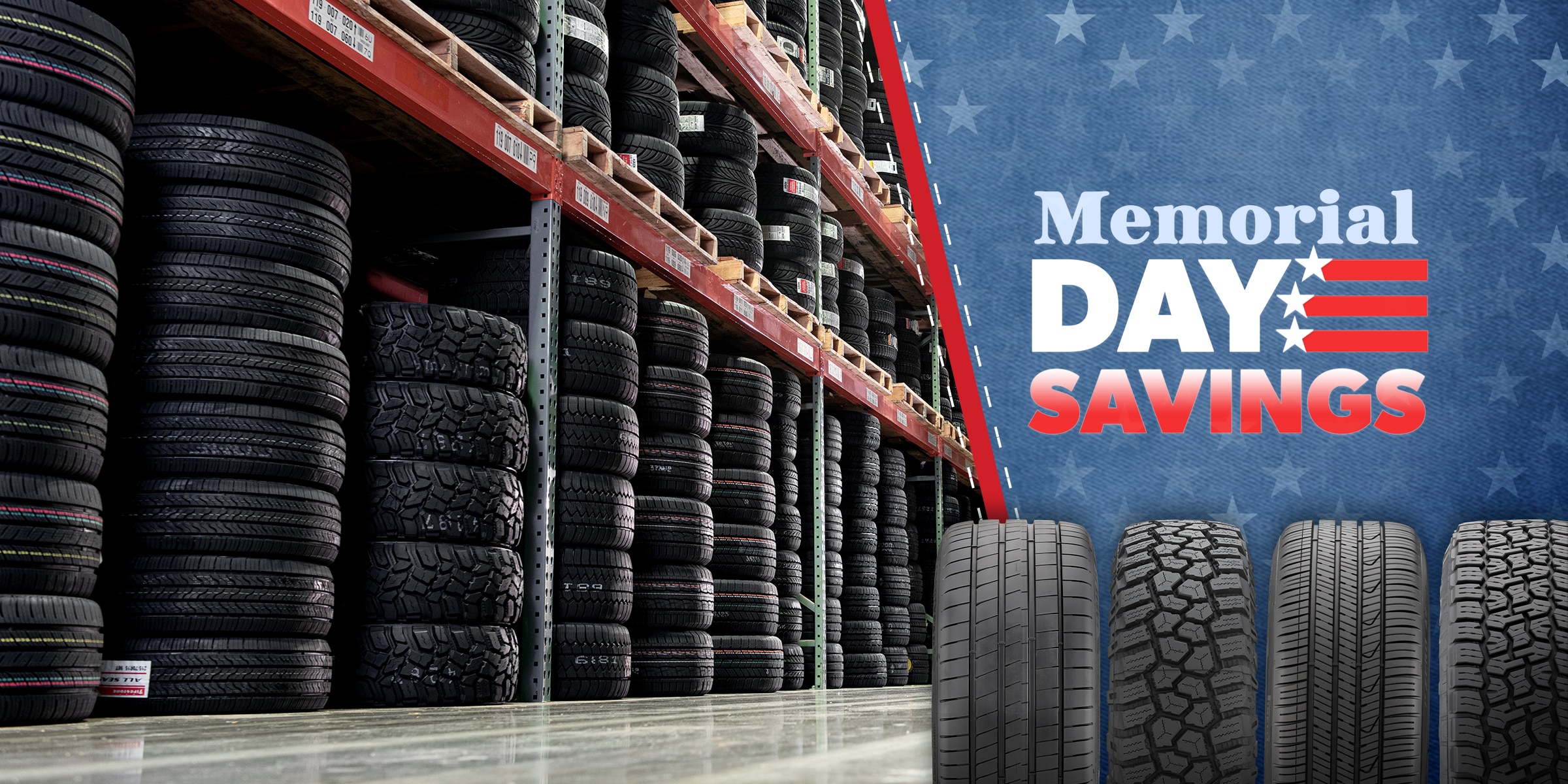 Tire warehouse Memorial Day hero image promoting seasonal tire savings and inventory.