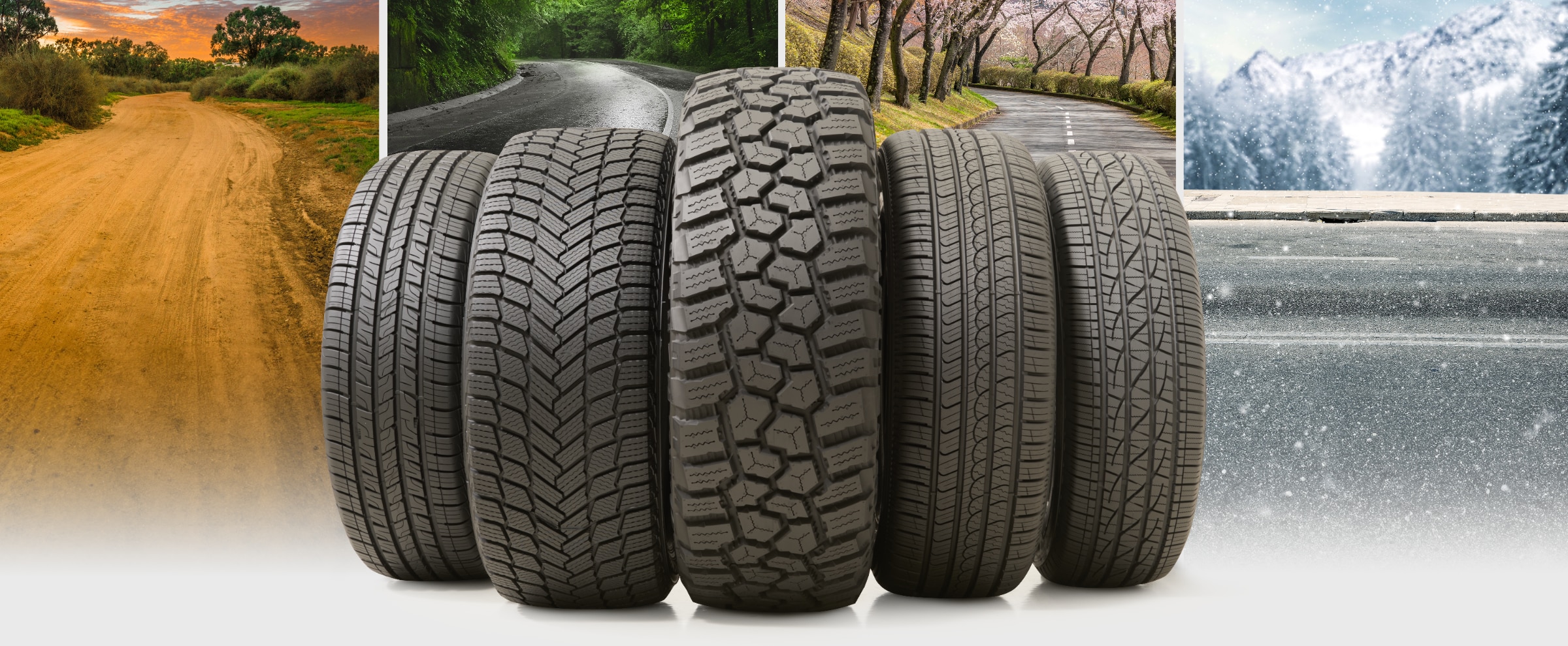 Image of five different tire types aligned in front of seasonal road conditions, representing the Tire Decision Guide and its role in helping drivers choose the right tires for any weather