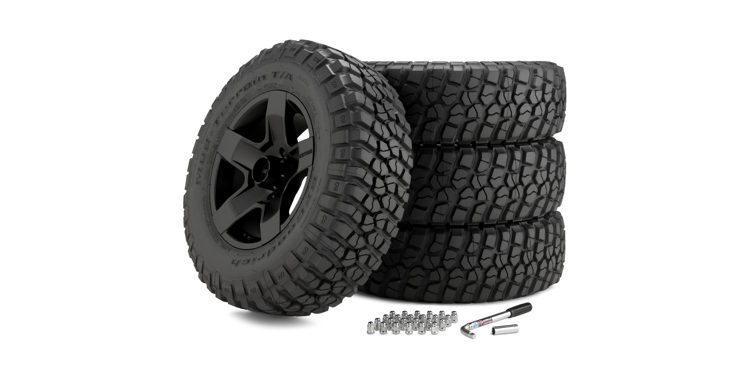 BFGoodrich Mud-Terrain T/A KM2 tire and wheel package with Method Racing Fat Five black wheel and included lug hardware.