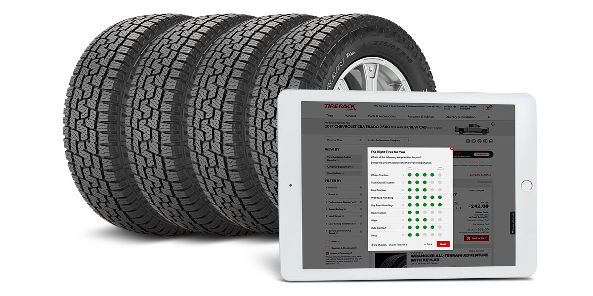Ipad Tablet Screen Displaying the Tire Decision Guide With a Set of Tires in the Background