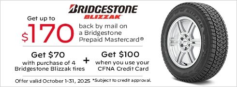 Buy a set of four and get a $70 Bridgestone Prepaid Mastercard by mail. 