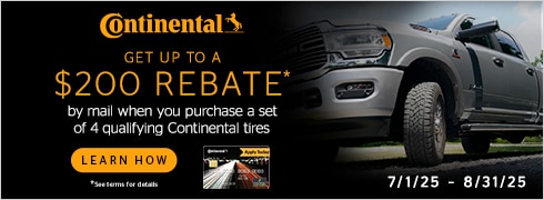 Buy a set of four and receive a $110 Continental Tire Prepaid Mastercard® by mail-in or online rebate