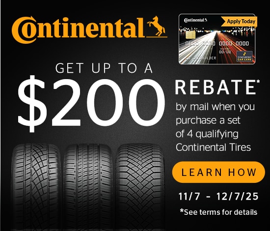 Receive a $110 Continental Tire Prepaid Mastercard® by Mail