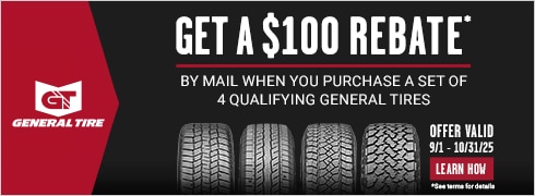 Buy a set of four and Get a $100 General Tire Prepaid Mastercard by Mail