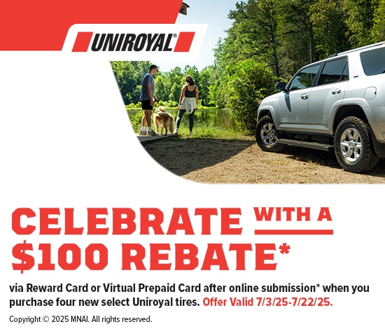Buy 4 Select Uniroyal Tires Get $100 via Reward Card or Virtual Account