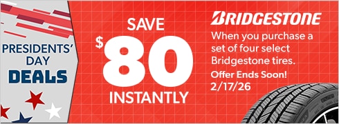 Presidents' Day Savings | Save $80 Instantly on Four Select Bridgestone Tires 