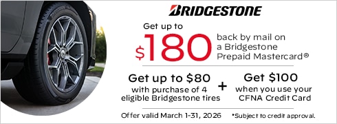 Buy a set of four and get an $80 Bridgestone Prepaid Mastercard by mail. 