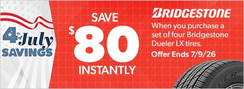 4th of July Savings: Buy 4 Bridgestone Dueler LX Tires, Save $80 Instantly