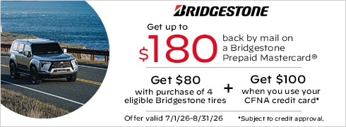 Buy a set of four and get an $80 Bridgestone Prepaid Mastercard by mail. 