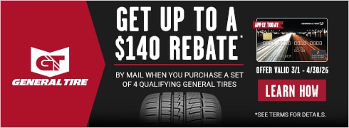 Buy a set of four and get a $70 General Tire Prepaid Mastercard by mail.