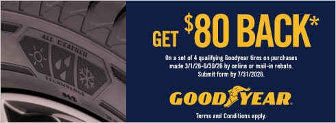 Buy a set of four and get an $80 Goodyear Mastercard Prepaid Card or Virtual Account