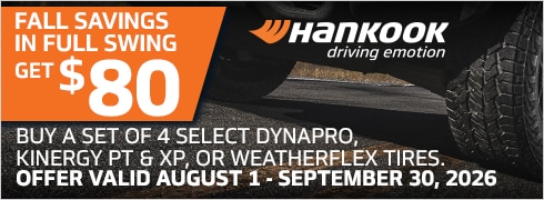Buy a set of 4 and get an $80 Hankook Prepaid Visa® Reward Card or Visa® Virtual Reward Card via online rebate.