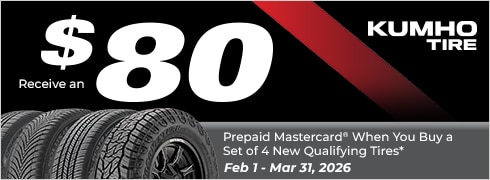 Buy a set of four and get an $80 Kumho Prepaid Mastercard by mail.
