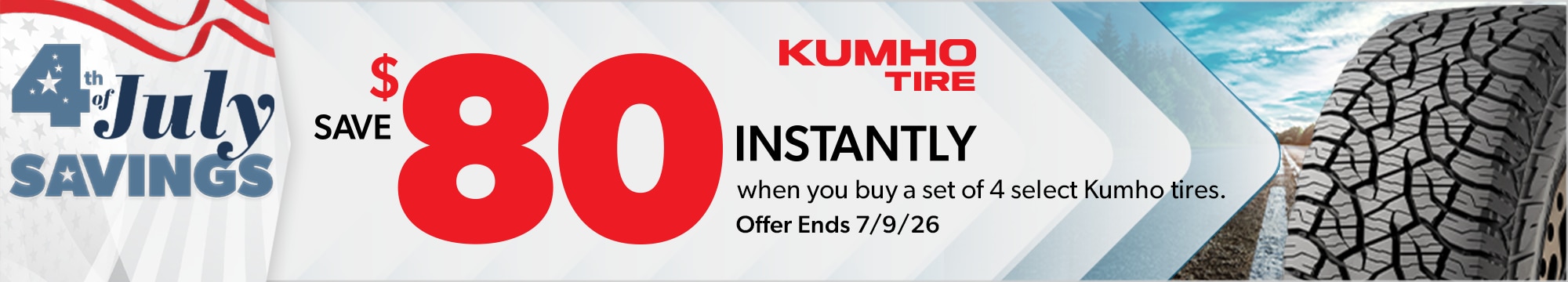 4th of July Savings: Buy 4 Select Kumho Tires, Save $80 Instantly