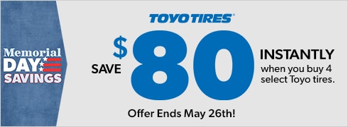 Memorial Day Savings: Buy 4 Select Toyo Tires, Save $80 Instantly