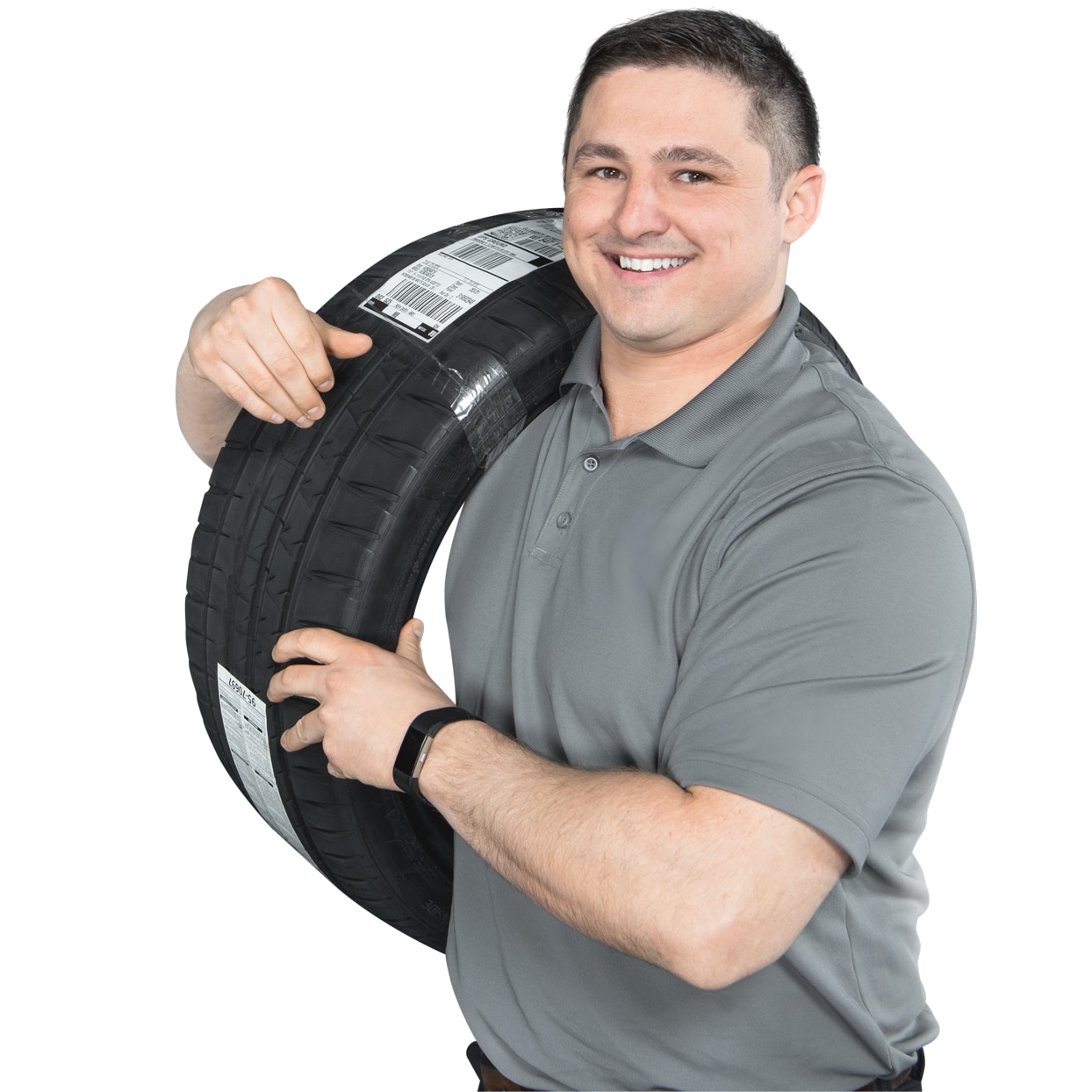 installer holding a tire, representing tire installation services