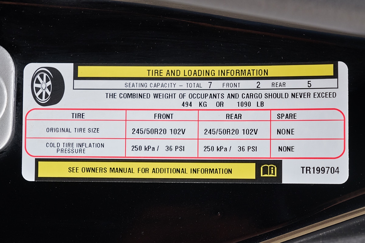 Vehicle tire pressure placard close-up