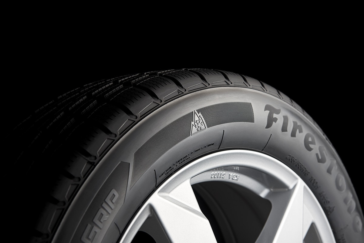 A closeup shot of the 3PMSF Symbol on the sidewall of a tire